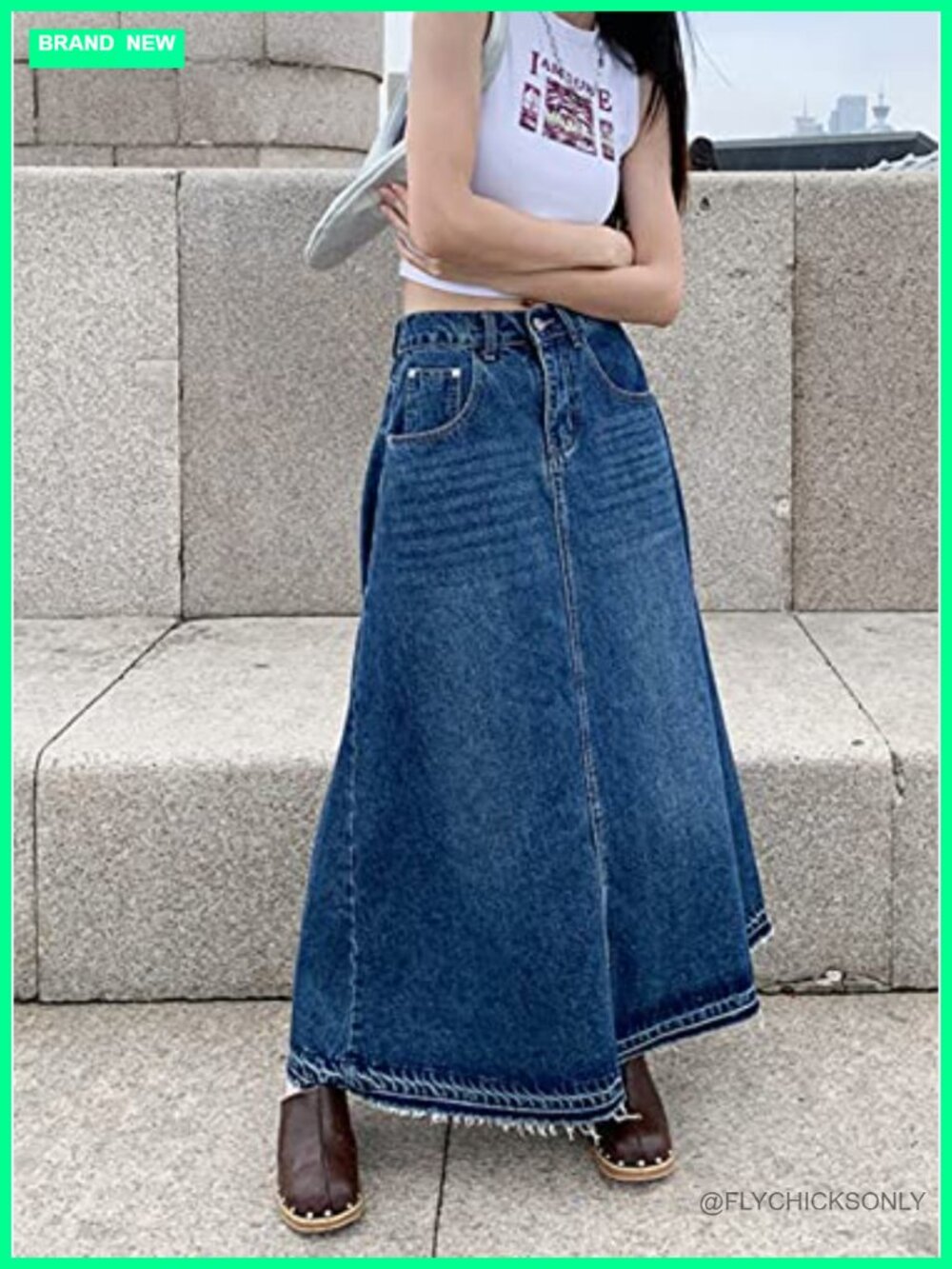 High Waist A-Line Maxi Denim Jean Skirt Raw Hem Fringe - Picture 2 of 6